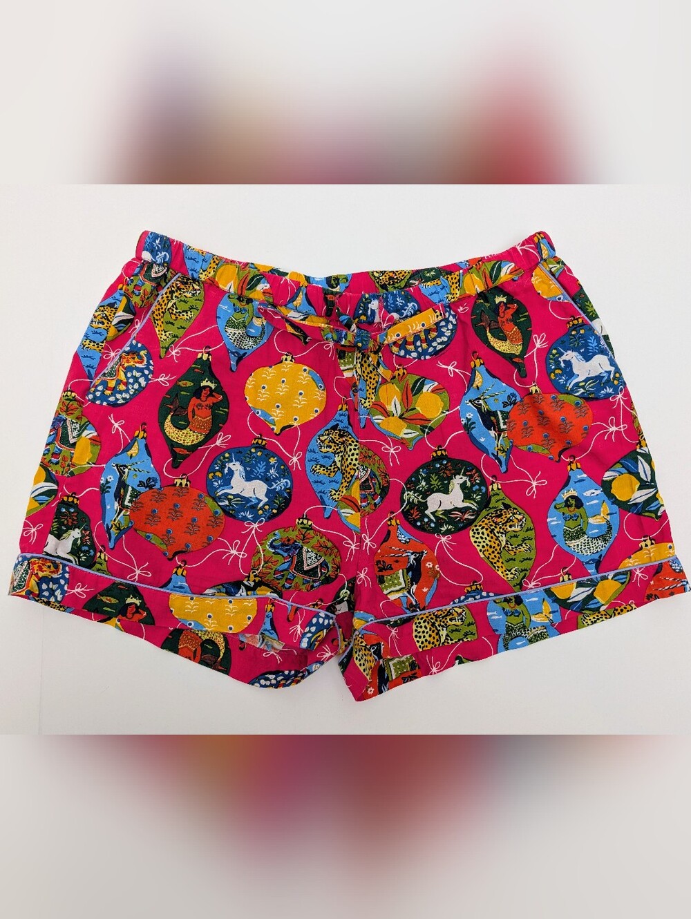 Print Fresh Pajama Shorts Medium Pink Christmas Ornaments Unicorn Mermaid